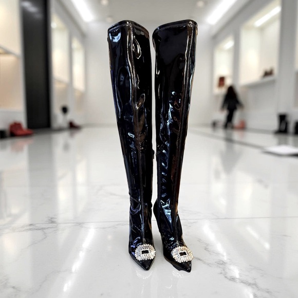 INC International Concepts NWT Size 6 Black Patent Leather Over the Knee Boots - Picture 3 of 14